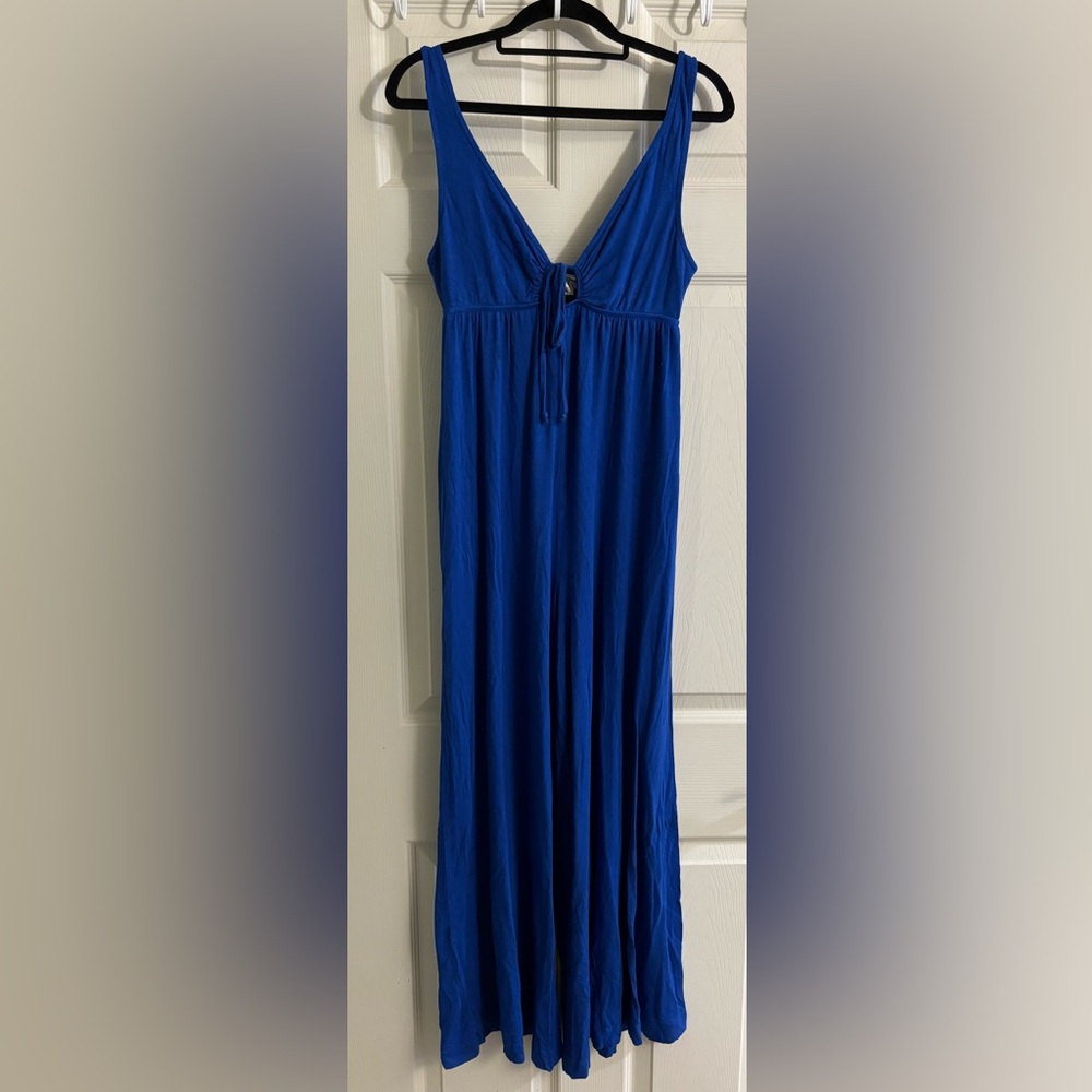 Free People Beach Sleeveless V-Neck Royal Blue Jumpsuit Elastic Stretch Waist